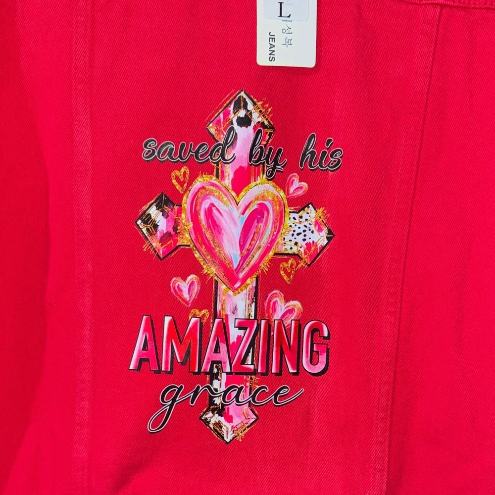 Stylish Red Jean Jacket with Heart Design - Picture 3 of 5